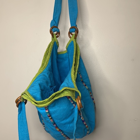 Blue Cotton Handmade Boho Satchel | Bucket Bag | Market Hippie Carry On Tote - Picture 6 of 8
